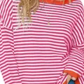 Pink and white striped knit sweater featuring vibrant orange color-block trim details - Pink