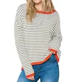 Casual women's drop shoulder striped knit sweater top with vibrant orange contrast trim - Light Gray