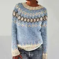 Dettaglio maglione lavorato a maglia girocollo da donna con motivo nordico - 3XL / Stile Geometrico a Rombi (8603) / Azzurro e Beige