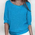 Elegant bright blue knitted top featuring comfortable seven-quarter sleeves and classic round neck - 3XL / Tops / Lake Blue