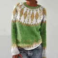 Dettaglio del maglione in maglia da donna con motivo geometrico color-block verde e bianco - 3XL / Top / Bianco/Marrone Giallastro/Verde Patchwork (8616)
