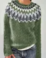 Dettaglio di un maglione verde da donna in maglia con motivo geometrico nordico chic - 3XL / Top / Verde Erba Fair Isle Patchwork Jacquard (8619)