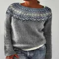 Dettaglio maglione grigio da donna in maglia con motivo nordico e classico girocollo - 3XL / Top / Grigio Patchwork Jacquard (8620)
