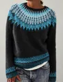 Dettaglio maglione da donna a girocollo con motivi nordici e una vestibilità ampia e comoda. - 3XL / Top / Blu (8630)