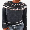 Close-up of women's loose round neck sweater with Fair Isle knit pattern - 3XL / Tops / Dark Gray Blue (8626)