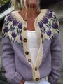 Close-up of women's lavender knit cardigan with tulip floral pattern and buttons - S / Tops / Tulip Purple