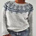 Cozy women's gray knitted sweater with navy blue patterned round neck and loose fit - 3XL / Tops / Gray and Navy Blue Leaf Pattern (8655)