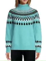 Stylish women's turquoise turtleneck knit sweater with geometric fair isle pattern - Emerald Green