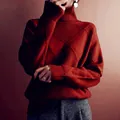 Women's brick red turtleneck sweater with diamond knit pattern variant - Burgundy