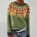 Detailed view of women's green Fair Isle knit sweater with colorful geometric yoke pattern - 3XL / Tops / Green Patchwork (8629)