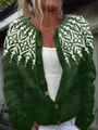 Detailed view of women's dark green knit cardigan with white Nordic snowflake pattern - S / Tops / Grass Green