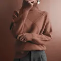 Women's oversized high-neck knit sweater with diamond pattern in terracotta - Caramel color