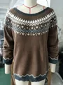 Loose brown knitted sweater with Nordic Fair Isle pattern in grey and white pulover fashion - 3XL / Tops / Chestnut