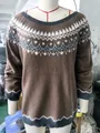 Loose brown knitted sweater with Nordic Fair Isle pattern in grey and white pulover fashion - 3XL / Tops / Chestnut
