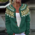 Close-up detail of a green knitted cardigan featuring colorful geometric shoulder patterns. - 4XL / Tops / Dark Green Jacquard