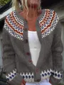Close-up of women's grey knitted cardigan with colorful Fair Isle geometric patterns. - S / Tops / Gray Jacquard (9246)