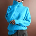 Cozy bright blue oversized high-neck sweater with elegant diamond knit texture for women. - Lake Blue