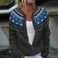 Close-up of women's chunky knit cardigan with blue geometric tribal pattern yoke - S / Top (9071) / Charcoal Gray