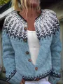 Close-up of women's blue Fair Isle knitted cardigan with wooden buttons - S / Tops / Grey Blue