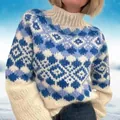 Close-up of a cozy blue and white patterned knit turtleneck sweater worn in snow - 3XL / Top (20091) / Blue