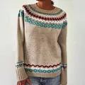 Vista dettagliata del maglione in maglia da donna con girocollo e motivi geometrici - 3XL / Top / Cammello Chiaro (8730)