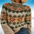 Close-up of a high-neck patterned chunky knit sweater with Nordic geometric design - S / Tops / Rainbow