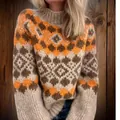 Detail view of women's chunky knit high neck sweater with orange and brown diamond pattern. - 3XL / Top (20091) / Yellow (8758)