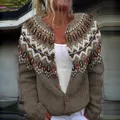 Detail shot of women's knitted cardigan featuring geometric color-block pattern and buttons - S / Tops / Camel (9083)