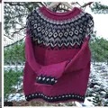 Detailed view of women's Fair Isle pattern knitted sweater in an outdoor winter setting - S / Tops / 9123 Rose Purple