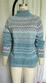 Close-up view of the women's high-neck knit sweater featuring blue geometric patterns. - 3XL / Top (20091) / Light Blue & Gray Geometric (8760)