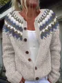 Detailed view of a women's knit button-down cardigan with geometric shoulder pattern. - 4XL / Tops / Beige Jacquard