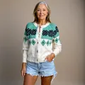 Detailed view of a loose knit cardigan with geometric green and white patterns - 3XL / Tops / Mint Green Argyle Patchwork (8981)
