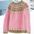 Close-up of soft pink knit sweater featuring green and purple geometric fair isle pattern - 3XL / Tops / Pink