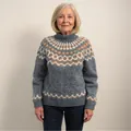 Detailed view of women's chunky Fair Isle knit sweater with classic turtleneck design - 3XL / Top (8761) / Gray
