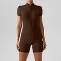 Slim fit short sleeve yoga romper in deep brown with front half zipper functional detail - S / Top And Bottom / Coffee