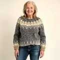 Senior woman in cozy grey and beige Nordic patterned knit pullover sweater for autumn - 3XL / Tops / Gray