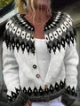 Detailed close-up of women's white knit cardigan with black geometric pattern and wooden buttons - S / Tops / White