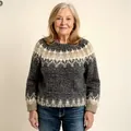 Detailed view of women's vintage Fair Isle pattern knit sweater on a mature model - 3XL / Top (8762) / Black