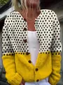 Close-up of a women's oversized knit cardigan featuring a polka dot and yellow design - 3XL / Tops / Yellow