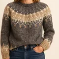 Close-up of cozy Nordic style colorblock knit sweater for women in grey and beige - 3XL / Top (8762) / Dark Khaki