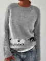 Close-up of a grey knitted women's sweater featuring a cute white sheep pattern detail - S / Tops / Gray