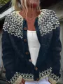 Detail of navy blue women's cardigan with Nordic fair-isle pattern and wood buttons - S / Tops / Navy Blue