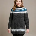 Detail showing the intricate Fair Isle geometric pattern on this grey knitted tunic - 3XL / Top (8763) / Dark Gray