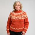 Detail of orange Fair Isle knit sweater with high neck and geometric yoke pattern - 3XL / Tops / Orange Red