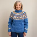 Detail view of a blue turtleneck sweater featuring a classic Nordic Fair Isle pattern on yoke. - 3XL / Top (8761) / Blue