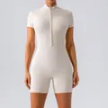 Elegant women's slim fit short sleeve yoga romper with half-zipper in cream color - S / Top And Bottom / White