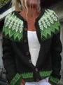 Close-up of women's loose knit cardigan with green fair isle pattern and wooden buttons - S / Tops / Green