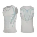 Detail view of front and back designs on grey sleeveless athletic compression vest - S / Tops / Gray/Blue (Tank Top)