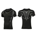 Detailed front and back views of a black men's short-sleeved compression t-shirt - S / Tops / Black with Gray Print (Short Sleeve)