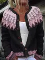 Detail of women's loose knit cardigan with pink fair isle pattern and wooden buttons. - S / Tops / Pink